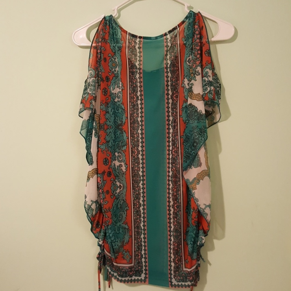 Sheer Patterned Cold-Shoulder Top - Picture 2 of 2